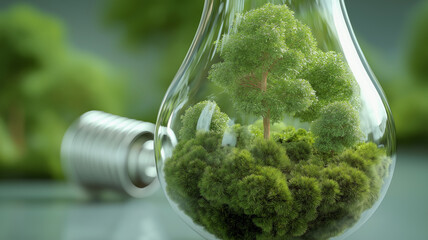 Poster - Miniature forest scene is encapsulated within light bulb, symbolizing concept of sustainable energy and environmental conservation. lush greenery inside contrasts with metallic base, highlighting