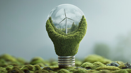 Poster - Light bulb covered in moss with wind turbines inside symbolizes green innovation and clean energy, blending nature with technology for sustainable future