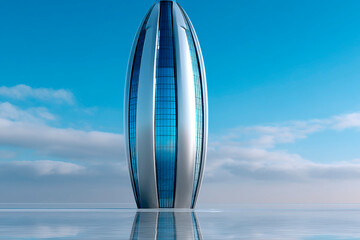 Poster - futuristic skyscraper with sleek silver and blue glass exterior, featuring smooth aerodynamic form a