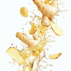 Poster - Fresh ginger root and lemon slices are bursting upwards in a refreshing wave of liquid on a white background
