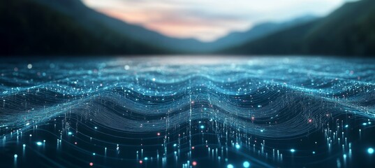 Poster - Digital Water Ripples Reflecting a Sunset Over Mountains, Symbolizing Data Flow and Connectivity