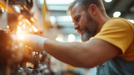 Poster - Skilled technician adjusting machinery in a modern workshop during the afternoon
