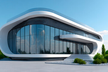 Poster - futuristic building with sleek white curved structure, large blue glass windows and horizontal black
