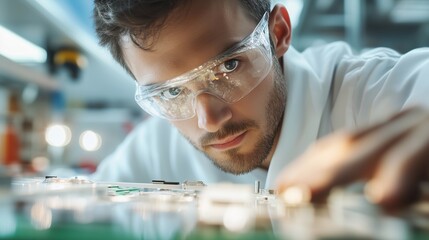 Poster - Young technician focuses intently on electronic circuit board in modern laboratory setting