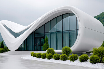 Poster - futuristic white building with flowing curved design and large glass windows, surrounded by landscap