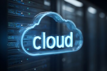 Poster - 3D illustration of a cloud with glowing data on the background of a computer server, in a blue color theme,
