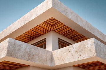 Poster - modern stone building with clean geometric lines, textured beige surfaces and wooden ceiling details