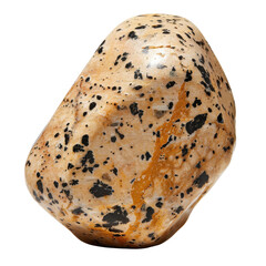 Poster - This features unique stone with speckled pattern, showcasing blend of beige, black, and orange hues. Its smooth surface and irregular shape