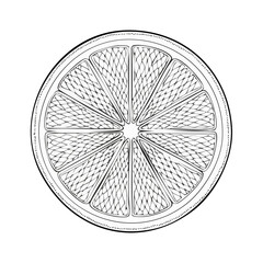 Poster - Abstract Citrus Slice Illustration, Simple Black and White Fruit, Modern Fresh Design, Isolated on Black Backdrop