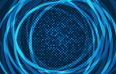 Poster - Abstract blue circular halftone background with glowing swirl lines and dotted texture, perfect for technology themes and modern digital concepts.