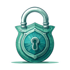 Poster - Detailed aqua padlock illustration with ornamental features against black background