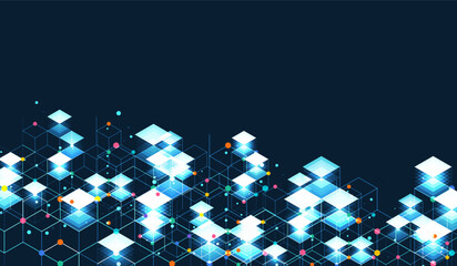 Poster - Vector of advanced glowing cubes in 3D blockchain digital grid on dark background, ideal for smart platforms, decentralized systems, crypto tech, and futuristic data structures.