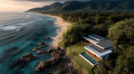 Poster - Modern villa luxury house ocean view tropical beach contemporary architecture mountain forest sunset