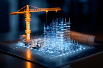 Poster - 
A construction site model with an illuminated building, crane, and blueprint on a dark background.