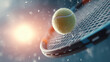 © praewpailyn - Tennis ball hitting racket with water droplets and sunlight, intense close up showing texture and motion in dynamic sports moment