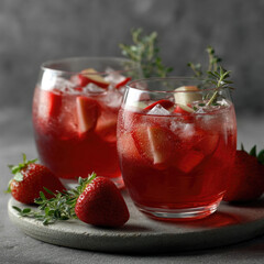 Poster - Refreshing summer drink with strawberry, apple, ice, and herbs in clear glass on stone plate, vibrant and inviting