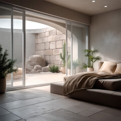 Poster - Modern bedroom with large glass doors, stone floor, neutral decor, potted plants, and desert courtyard view, calm and inviting atmosphere