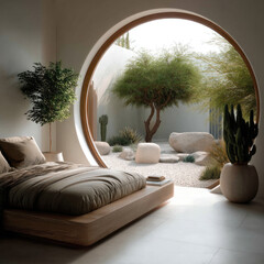 Poster - Modern bedroom with circular window, minimalist decor, neutral tones, and tranquil desert garden view creates peaceful and inviting atmosphere