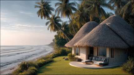 Poster - Serene luxury beach hut with thatched roof, tropical palm tree, ocean view, sandy shore, peaceful morning light