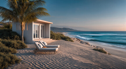 Poster - Serene beach hut with modern design, palm tree, lounge chairs, golden sand, and tranquil ocean view at sunset, peaceful vacation escape