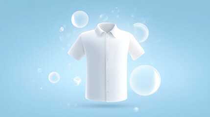 Poster - White shirt mock up floating in a soft blue background with bubbles, showcasing a clean and fresh design ideal for fashion and apparel branding purposes