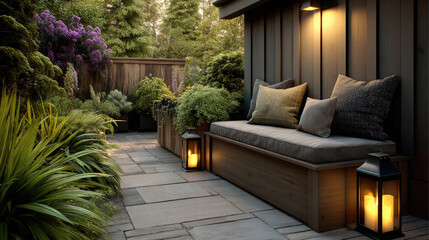 Poster - Cozy outdoor patio with wooden bench, soft cushions, glowing lanterns, lush green plants, and evening light create peaceful garden retreat