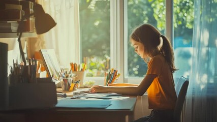 Poster - Pupil drawing with colorful pencils at home, sitting at a desk near a window, surrounded by bright daylight on a sunny morning or afternoon, embracing creativity and learning
