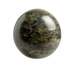 Poster - Smooth, round stone with dark green and gold marbled texture, resembling polished marble sphere. Its glossy surface reflects light beautifully