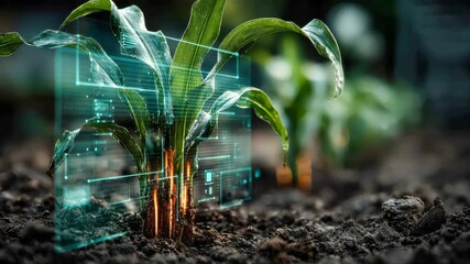 Poster - A young corn plant grows in rich soil, highlighted with glowing digital data streams suggesting smart agriculture technology