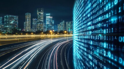 Poster - Stunning Nighttime Cityscape with Vibrant Lights and Digital Innovations Illuminating the Skyline