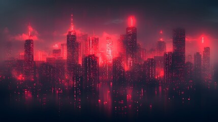 Poster - A cyberpunk inspired city skyline illuminated in deep red neon