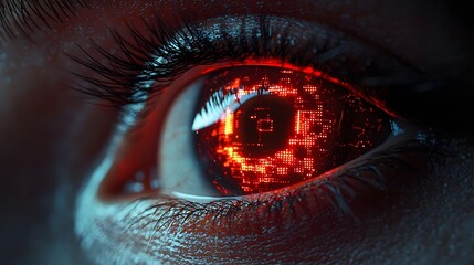 Poster - Cybernetic eye scanning the environment with a digital red HUD overlay