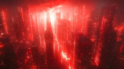 Poster - Futuristic red neon cityscape representing global data networks and cloud technology