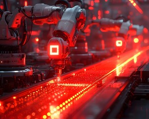 Poster - Futuristic factory with robotic arms assembling advanced technology