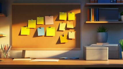Poster - Warm sunlight illuminates a modern office desk with a cork board covered in colorful sticky notes, creating a productive and organized workspace