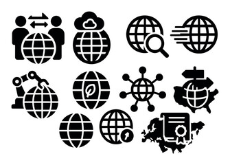 Poster - Global communication silhouette icon set. connectivity, network, technology symbols