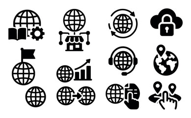 Poster - Global business solid icon set. international, commerce, communication, security symbols