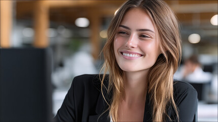 Fototapete - Young woman business attire office smiling professional confident workspace modern natural light happy expression