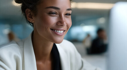 Fototapete - Smiling young woman in white blazer working at office desk, confident and focused, modern business environment, natural light