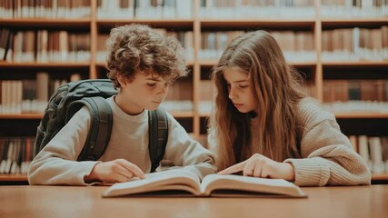 Poster - Two young pupils are carefully reading and studying a textbook together in a school library, surrounded by bookshelves filled with various books