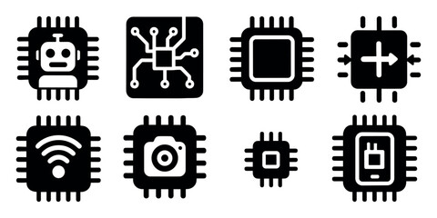 Poster - Technology solid icon set. chip, circuit, robot, camera icons solid collection