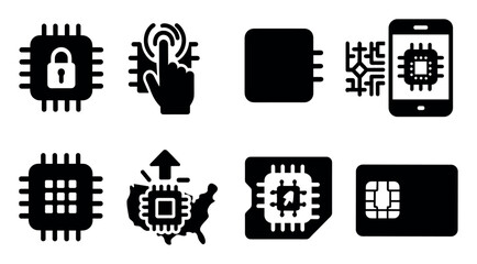 Poster - Technology silhouette icon set. chip, circuit, cyber icons in silhouette style