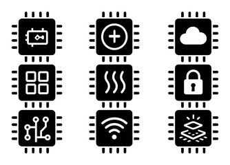 Poster - Technology silhouette icon set. computer, network, security symbols in silhouette style