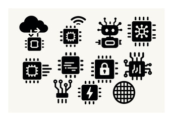 Poster - Circuit technology silhouette icon set. robots, chips, and cyber security symbols