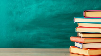 Poster - Colorful books stacked on a wooden desk with an empty chalkboard in the background, creating a back to school atmosphere perfect for educational content