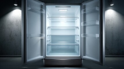 Poster - Minimalistic modern fridge door wide open, completely empty inside 
