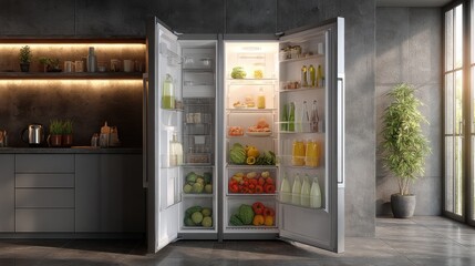Poster - Minimalist open refrigerator shot with natural daylight 