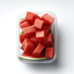 Aufkleber - Fresh watermelon cubes in clear plastic container, vibrant red fruit with green rind, healthy snack on white background