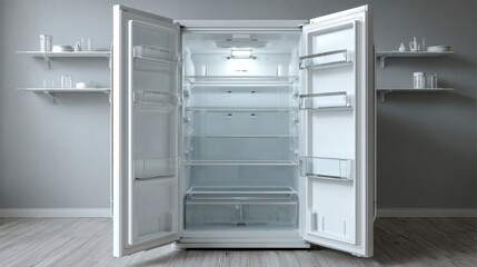 Poster - Open empty refrigerator with clean white interior, minimal background 