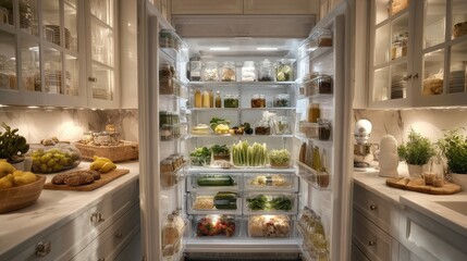 Poster - Open fridge with clear shelves, soft white tones